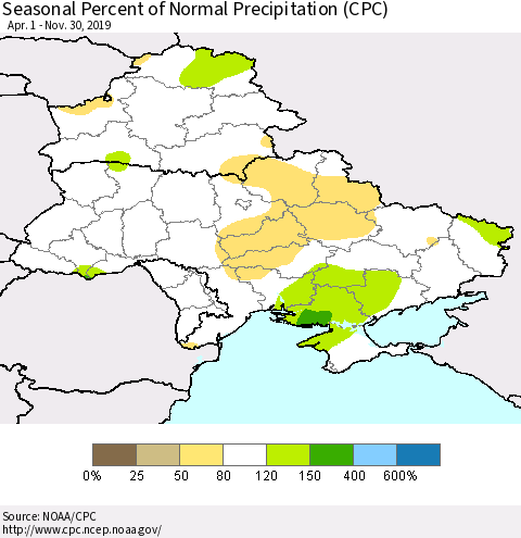 Ukraine, Moldova and Belarus Seasonal Percent of Normal Precipitation (CPC) Thematic Map For 4/1/2019 - 11/30/2019