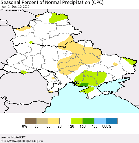 Ukraine, Moldova and Belarus Seasonal Percent of Normal Precipitation (CPC) Thematic Map For 4/1/2019 - 12/10/2019