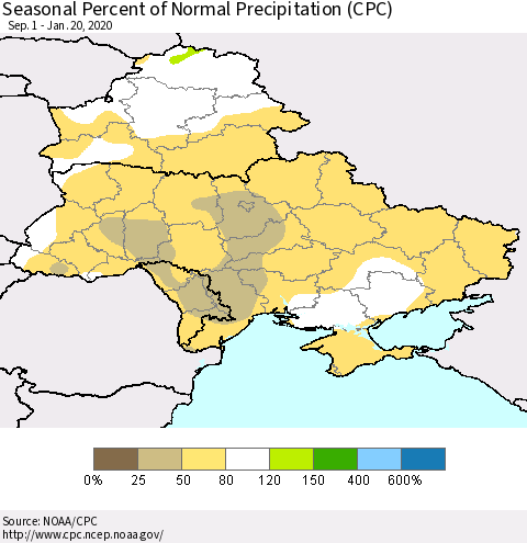 Ukraine, Moldova and Belarus Seasonal Percent of Normal Precipitation (CPC) Thematic Map For 9/1/2019 - 1/20/2020