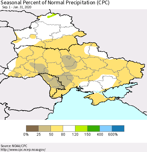 Ukraine, Moldova and Belarus Seasonal Percent of Normal Precipitation (CPC) Thematic Map For 9/1/2019 - 1/31/2020
