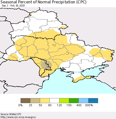 Ukraine, Moldova and Belarus Seasonal Percent of Normal Precipitation (CPC) Thematic Map For 9/1/2019 - 2/20/2020