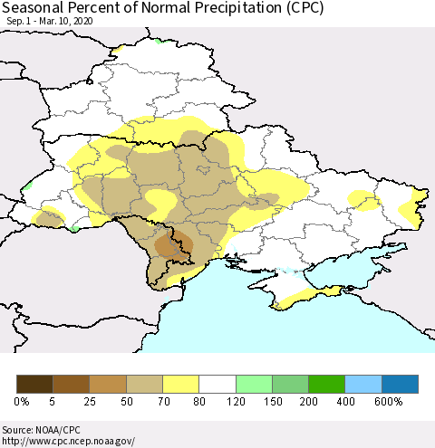 Ukraine, Moldova and Belarus Seasonal Percent of Normal Precipitation (CPC) Thematic Map For 9/1/2019 - 3/10/2020