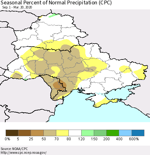 Ukraine, Moldova and Belarus Seasonal Percent of Normal Precipitation (CPC) Thematic Map For 9/1/2019 - 3/20/2020