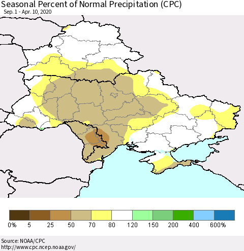 Ukraine, Moldova and Belarus Seasonal Percent of Normal Precipitation (CPC) Thematic Map For 9/1/2019 - 4/10/2020