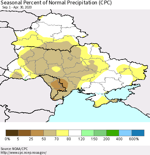 Ukraine, Moldova and Belarus Seasonal Percent of Normal Precipitation (CPC) Thematic Map For 9/1/2019 - 4/30/2020