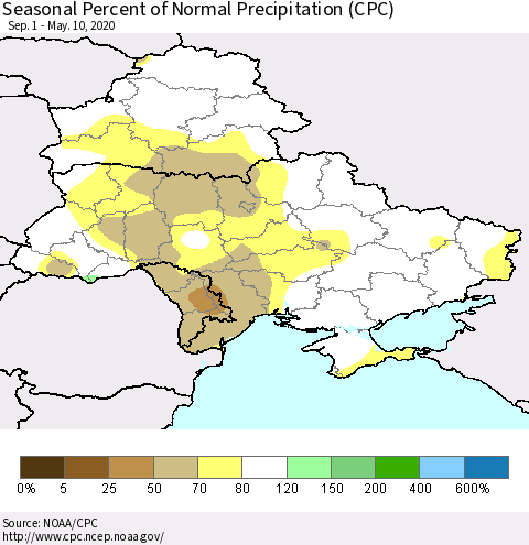 Ukraine, Moldova and Belarus Seasonal Percent of Normal Precipitation (CPC) Thematic Map For 9/1/2019 - 5/10/2020