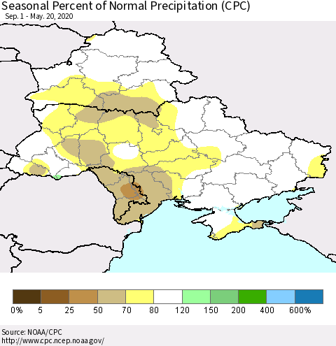 Ukraine, Moldova and Belarus Seasonal Percent of Normal Precipitation (CPC) Thematic Map For 9/1/2019 - 5/20/2020