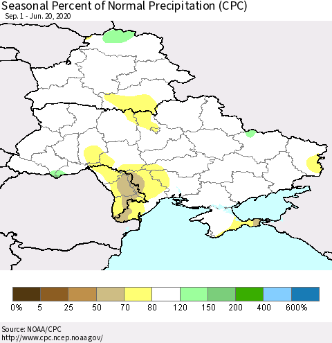 Ukraine, Moldova and Belarus Seasonal Percent of Normal Precipitation (CPC) Thematic Map For 9/1/2019 - 6/20/2020