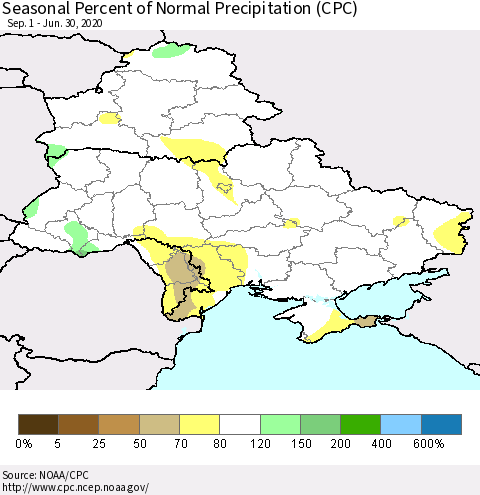 Ukraine, Moldova and Belarus Seasonal Percent of Normal Precipitation (CPC) Thematic Map For 9/1/2019 - 6/30/2020