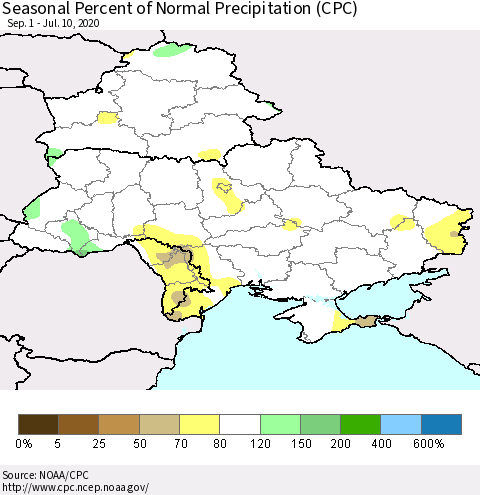 Ukraine, Moldova and Belarus Seasonal Percent of Normal Precipitation (CPC) Thematic Map For 9/1/2019 - 7/10/2020