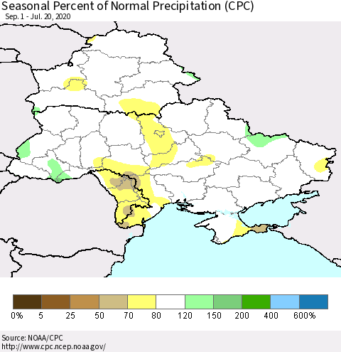 Ukraine, Moldova and Belarus Seasonal Percent of Normal Precipitation (CPC) Thematic Map For 9/1/2019 - 7/20/2020