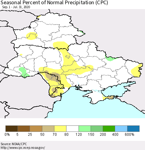 Ukraine, Moldova and Belarus Seasonal Percent of Normal Precipitation (CPC) Thematic Map For 9/1/2019 - 7/31/2020