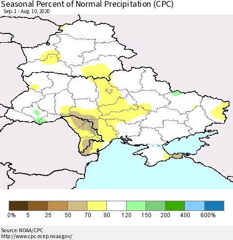Ukraine, Moldova and Belarus Seasonal Percent of Normal Precipitation (CPC) Thematic Map For 9/1/2019 - 8/10/2020