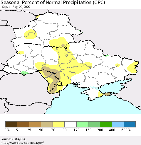Ukraine, Moldova and Belarus Seasonal Percent of Normal Precipitation (CPC) Thematic Map For 9/1/2019 - 8/20/2020