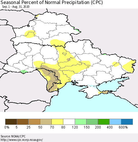 Ukraine, Moldova and Belarus Seasonal Percent of Normal Precipitation (CPC) Thematic Map For 9/1/2019 - 8/31/2020