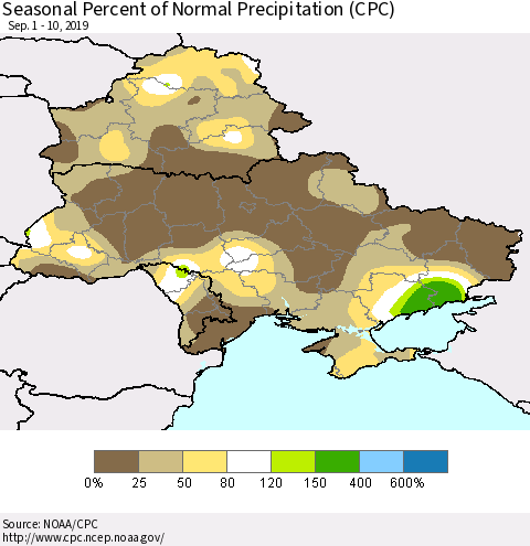 Ukraine, Moldova and Belarus Seasonal Percent of Normal Precipitation (CPC) Thematic Map For 9/1/2019 - 9/10/2019