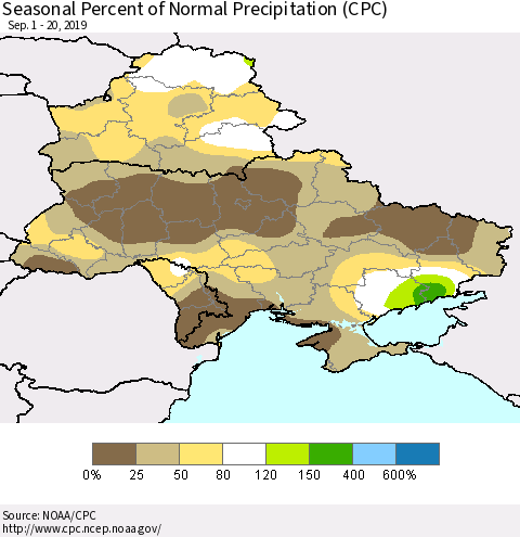 Ukraine, Moldova and Belarus Seasonal Percent of Normal Precipitation (CPC) Thematic Map For 9/1/2019 - 9/20/2019