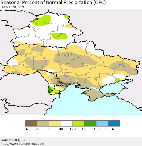 Ukraine, Moldova and Belarus Seasonal Percent of Normal Precipitation (CPC) Thematic Map For 9/1/2019 - 9/30/2019