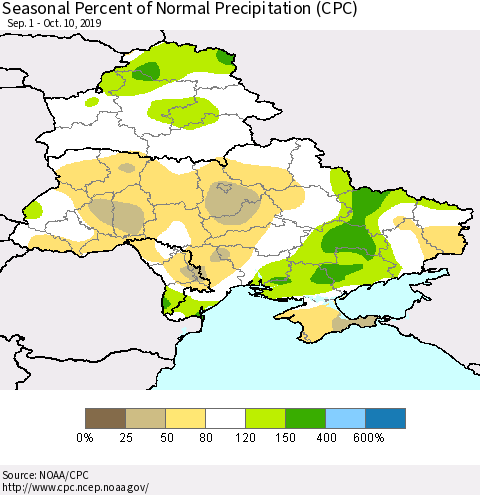 Ukraine, Moldova and Belarus Seasonal Percent of Normal Precipitation (CPC) Thematic Map For 9/1/2019 - 10/10/2019