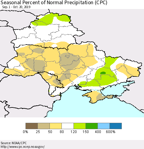 Ukraine, Moldova and Belarus Seasonal Percent of Normal Precipitation (CPC) Thematic Map For 9/1/2019 - 10/20/2019