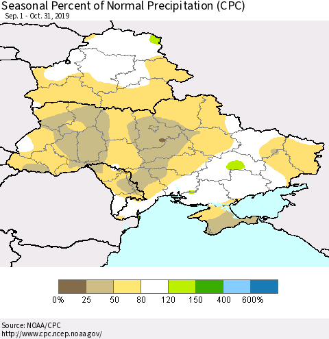 Ukraine, Moldova and Belarus Seasonal Percent of Normal Precipitation (CPC) Thematic Map For 9/1/2019 - 10/31/2019