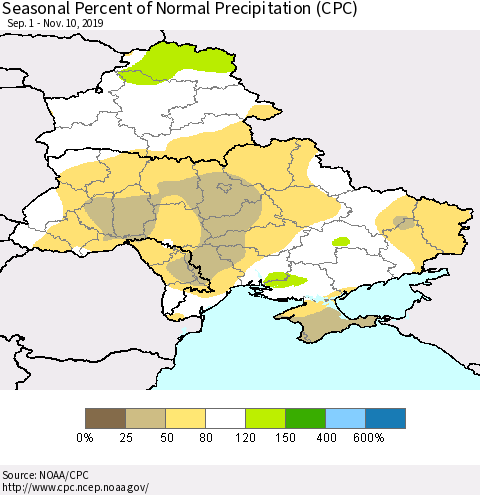 Ukraine, Moldova and Belarus Seasonal Percent of Normal Precipitation (CPC) Thematic Map For 9/1/2019 - 11/10/2019