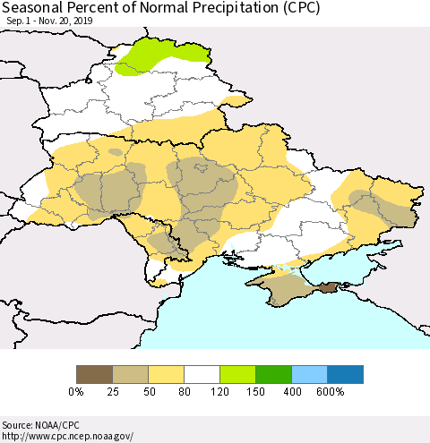 Ukraine, Moldova and Belarus Seasonal Percent of Normal Precipitation (CPC) Thematic Map For 9/1/2019 - 11/20/2019