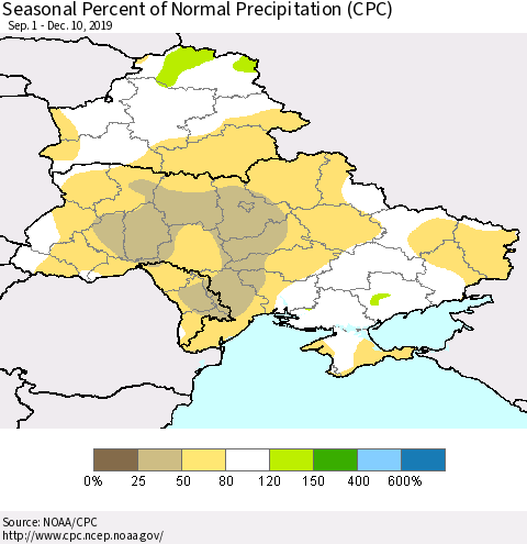Ukraine, Moldova and Belarus Seasonal Percent of Normal Precipitation (CPC) Thematic Map For 9/1/2019 - 12/10/2019