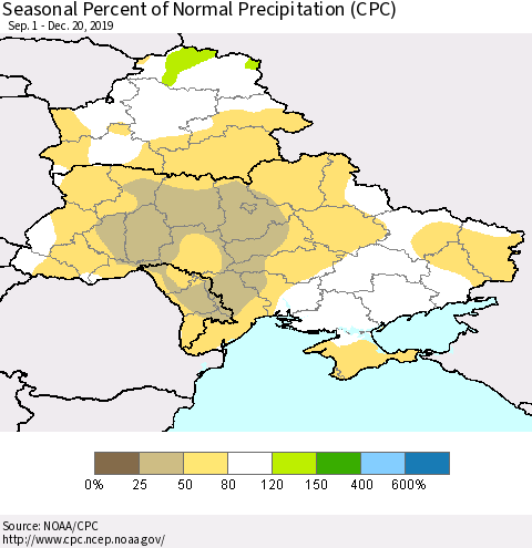 Ukraine, Moldova and Belarus Seasonal Percent of Normal Precipitation (CPC) Thematic Map For 9/1/2019 - 12/20/2019