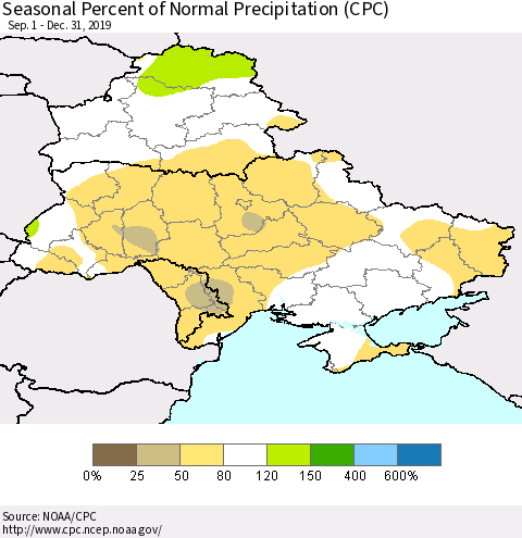 Ukraine, Moldova and Belarus Seasonal Percent of Normal Precipitation (CPC) Thematic Map For 9/1/2019 - 12/31/2019