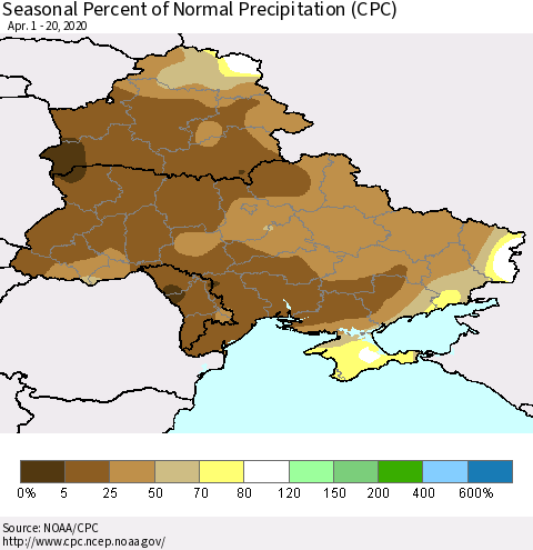 Ukraine, Moldova and Belarus Seasonal Percent of Normal Precipitation (CPC) Thematic Map For 4/1/2020 - 4/20/2020