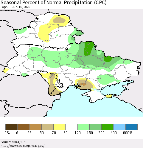 Ukraine, Moldova and Belarus Seasonal Percent of Normal Precipitation (CPC) Thematic Map For 4/1/2020 - 6/10/2020