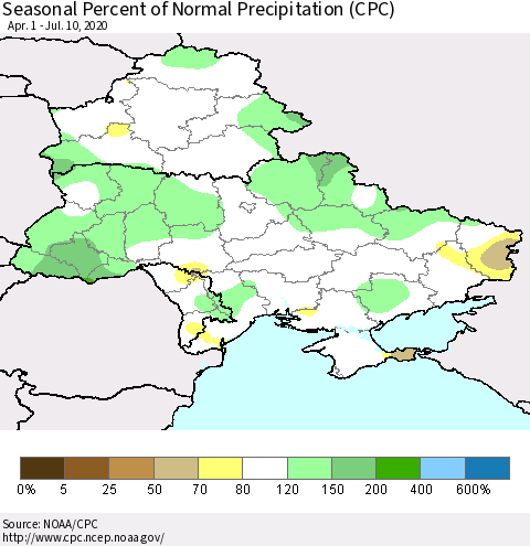 Ukraine, Moldova and Belarus Seasonal Percent of Normal Precipitation (CPC) Thematic Map For 4/1/2020 - 7/10/2020