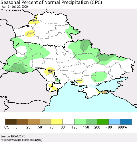 Ukraine, Moldova and Belarus Seasonal Percent of Normal Precipitation (CPC) Thematic Map For 4/1/2020 - 7/20/2020