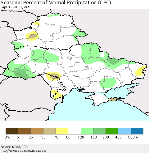 Ukraine, Moldova and Belarus Seasonal Percent of Normal Precipitation (CPC) Thematic Map For 4/1/2020 - 7/31/2020