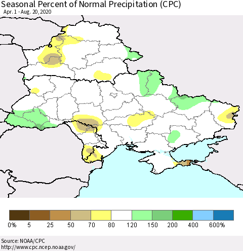 Ukraine, Moldova and Belarus Seasonal Percent of Normal Precipitation (CPC) Thematic Map For 4/1/2020 - 8/20/2020
