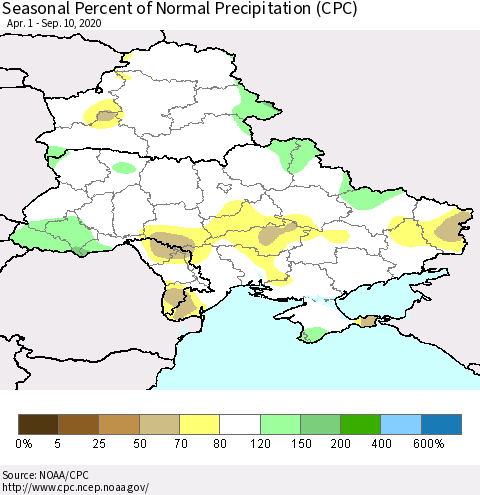 Ukraine, Moldova and Belarus Seasonal Percent of Normal Precipitation (CPC) Thematic Map For 4/1/2020 - 9/10/2020
