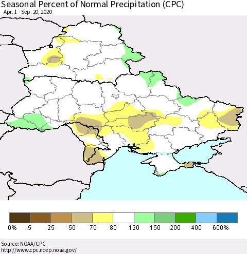 Ukraine, Moldova and Belarus Seasonal Percent of Normal Precipitation (CPC) Thematic Map For 4/1/2020 - 9/20/2020