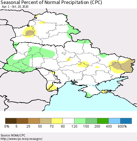 Ukraine, Moldova and Belarus Seasonal Percent of Normal Precipitation (CPC) Thematic Map For 4/1/2020 - 10/20/2020