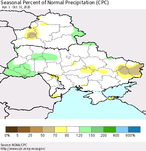 Ukraine, Moldova and Belarus Seasonal Percent of Normal Precipitation (CPC) Thematic Map For 4/1/2020 - 10/31/2020