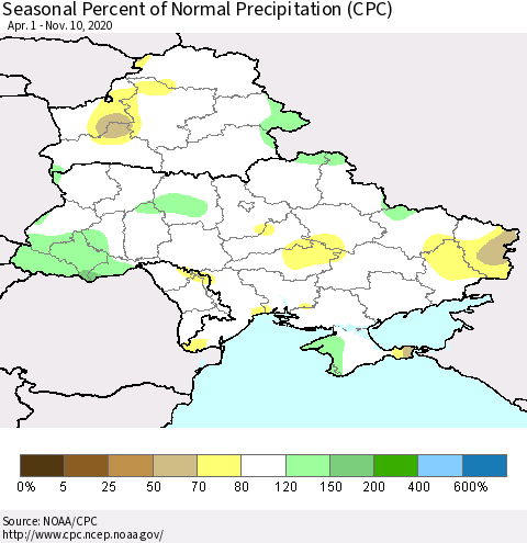 Ukraine, Moldova and Belarus Seasonal Percent of Normal Precipitation (CPC) Thematic Map For 4/1/2020 - 11/10/2020