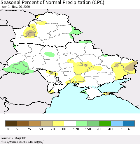 Ukraine, Moldova and Belarus Seasonal Percent of Normal Precipitation (CPC) Thematic Map For 4/1/2020 - 11/20/2020