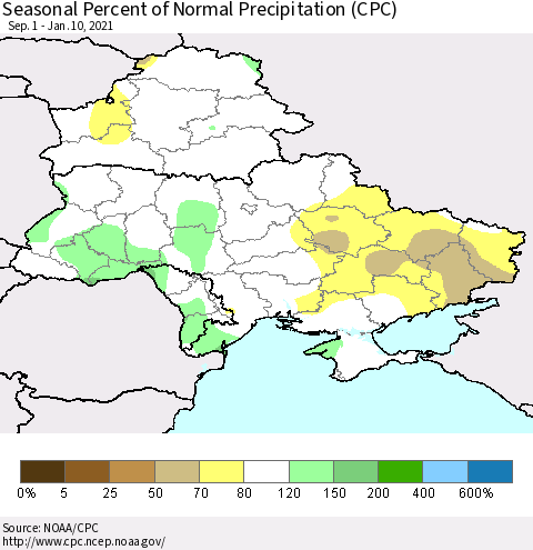 Ukraine, Moldova and Belarus Seasonal Percent of Normal Precipitation (CPC) Thematic Map For 9/1/2020 - 1/10/2021