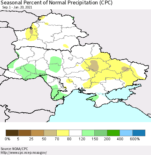 Ukraine, Moldova and Belarus Seasonal Percent of Normal Precipitation (CPC) Thematic Map For 9/1/2020 - 1/20/2021