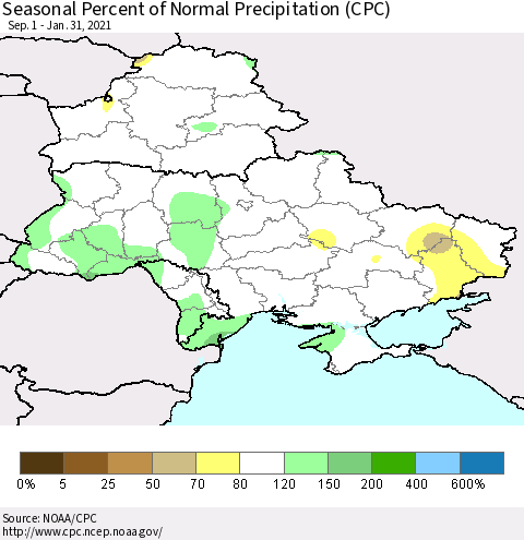 Ukraine, Moldova and Belarus Seasonal Percent of Normal Precipitation (CPC) Thematic Map For 9/1/2020 - 1/31/2021