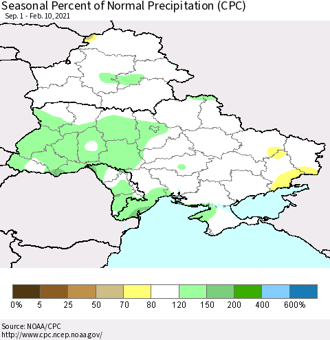 Ukraine, Moldova and Belarus Seasonal Percent of Normal Precipitation (CPC) Thematic Map For 9/1/2020 - 2/10/2021