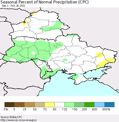 Ukraine, Moldova and Belarus Seasonal Percent of Normal Precipitation (CPC) Thematic Map For 9/1/2020 - 2/20/2021