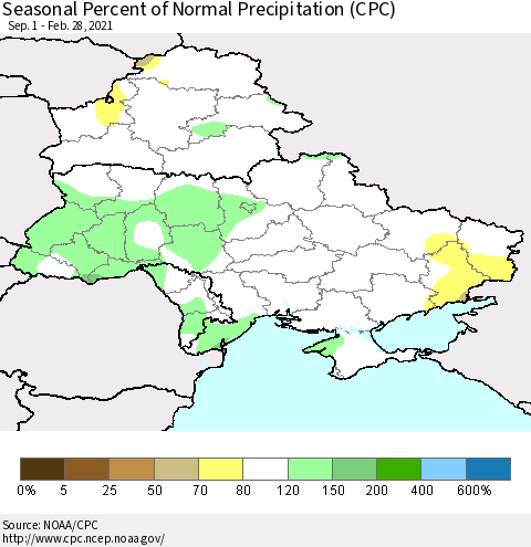 Ukraine, Moldova and Belarus Seasonal Percent of Normal Precipitation (CPC) Thematic Map For 9/1/2020 - 2/28/2021