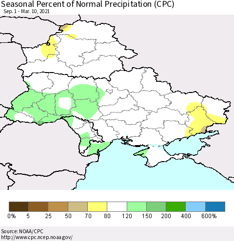 Ukraine, Moldova and Belarus Seasonal Percent of Normal Precipitation (CPC) Thematic Map For 9/1/2020 - 3/10/2021
