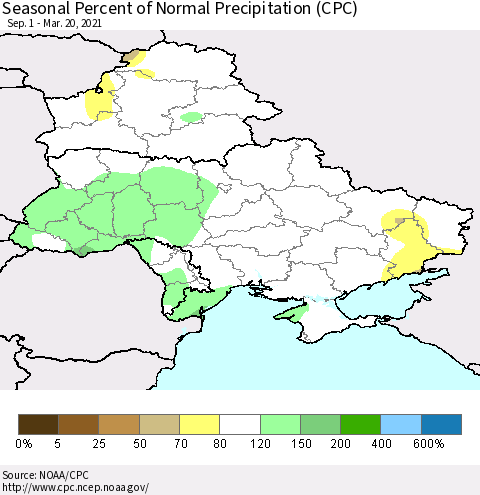 Ukraine, Moldova and Belarus Seasonal Percent of Normal Precipitation (CPC) Thematic Map For 9/1/2020 - 3/20/2021